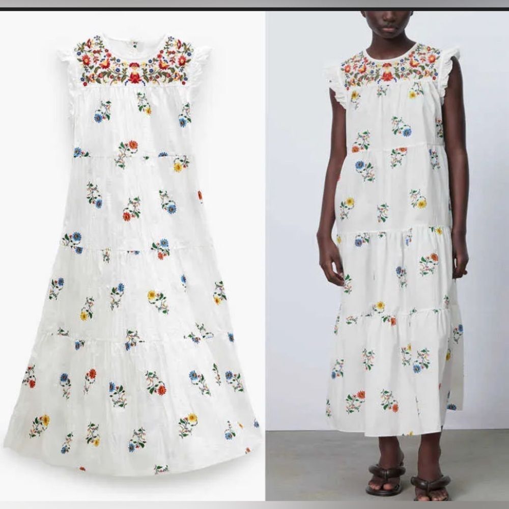 Zara White Boho Floral Embroidery Cotton Midi Maxi Dress Cottage Wedding XS